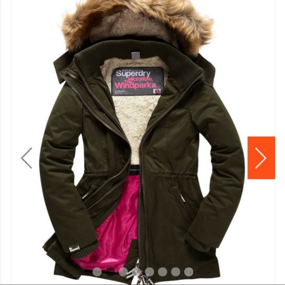 Superdry Olive Green Wind Parka with Faux Fur Hood